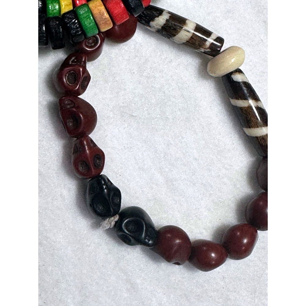 Rasta Wood Bead Necklace and Carved Skull Bone Style Bracelet Jewelry Set - Picture 3 of 4